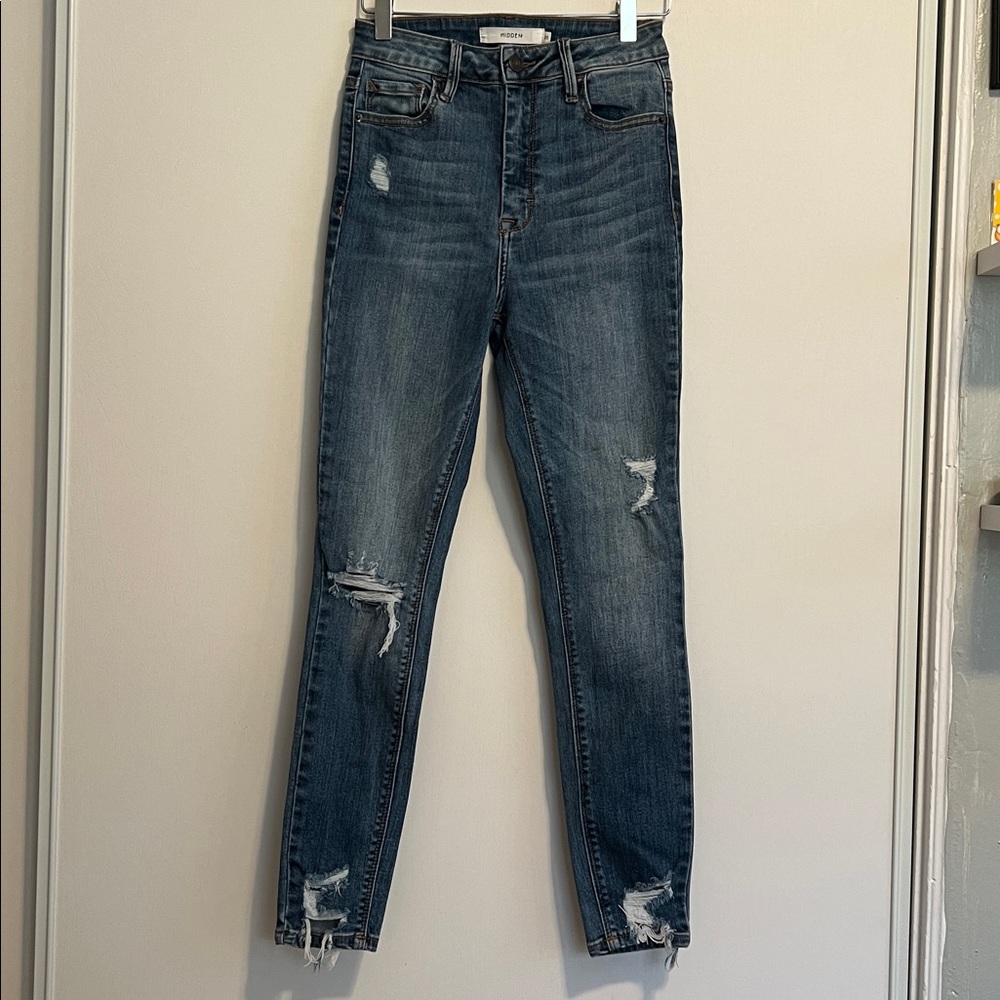 Hidden Jeans distressed blue denim jeans high-waisted, skinny-fit Size 25